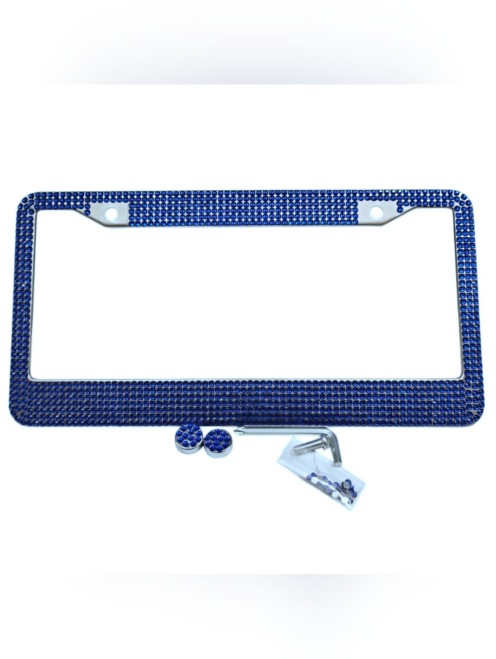 Blue Crystal License Plate Frame with Matching Screw Covers